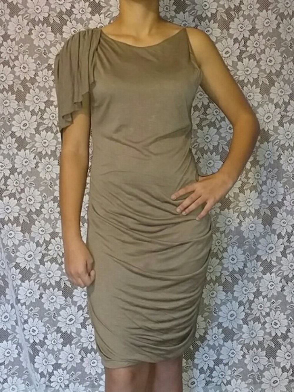 Vintage 77 One Shoulder Sheath Dress Taupe Sz. 2